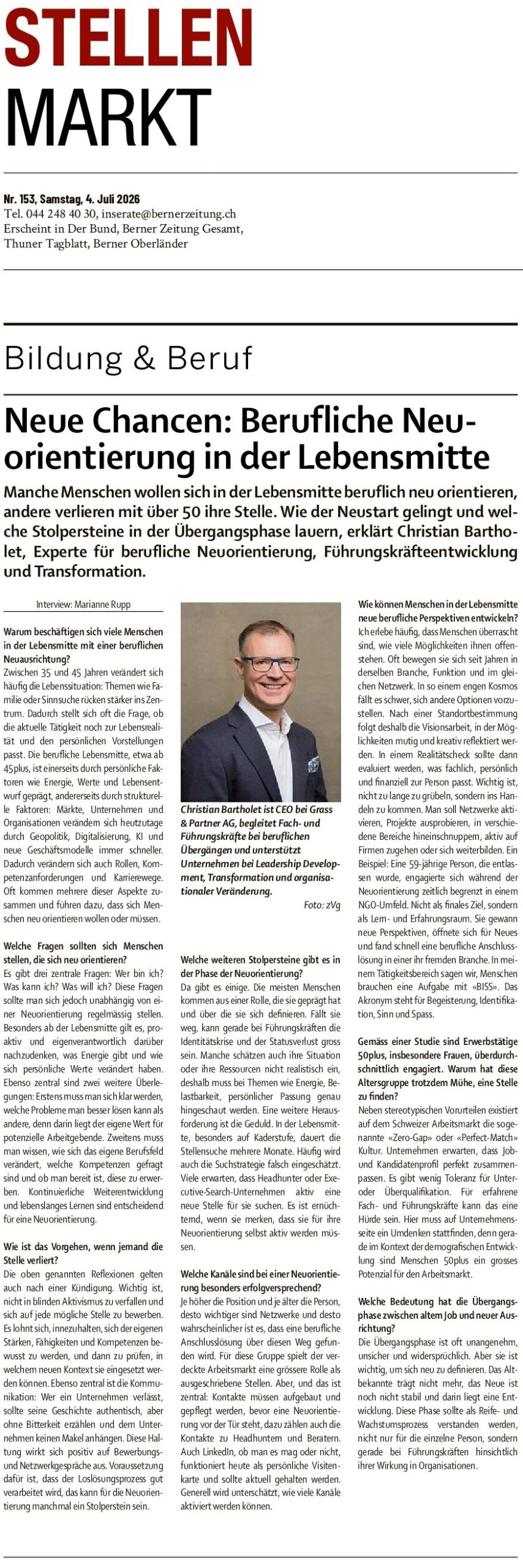 Su «Der Bund» e «Berner Zeitung»: ripartire a 50 anni e oltre – ostacoli e opportunità