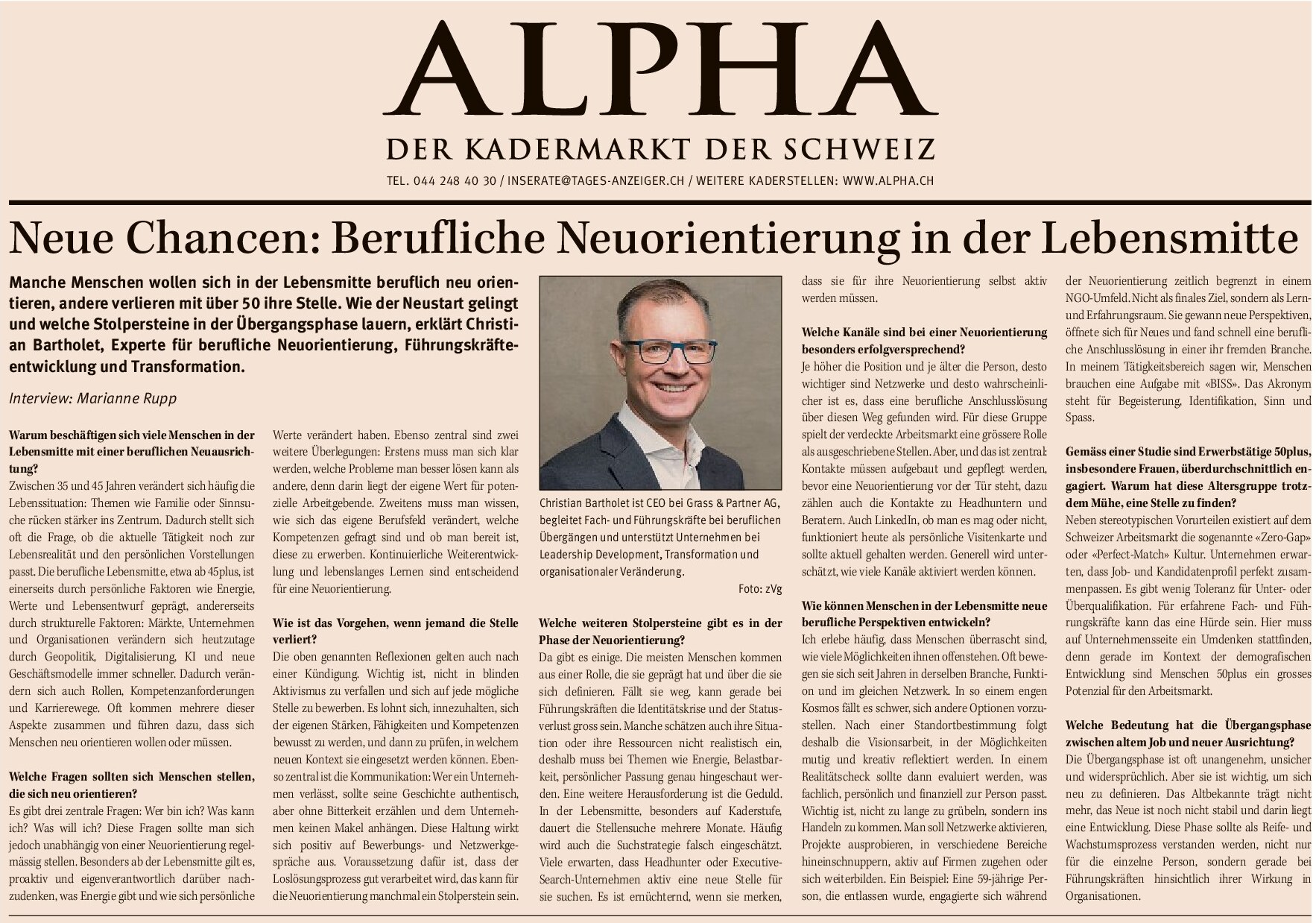 Dans le Tages-Anzeiger : Christian Bartholet sur la réorientation professionnelle en milieu de vie