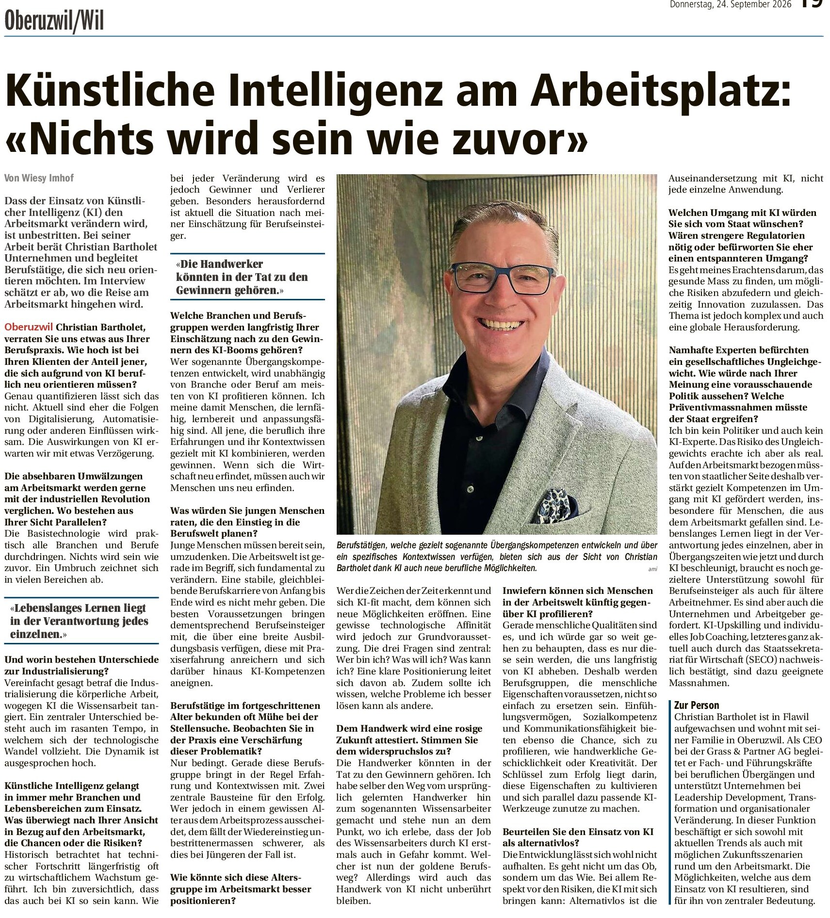 In den Wiler Nachrichten: Christian Bartholet über künstliche Intelligenz am Arbeitsplatz